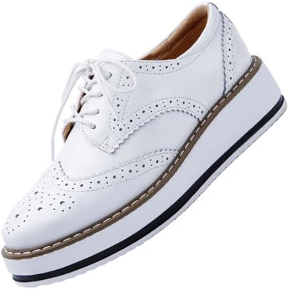 Zapatos Oxford de plataforma para mujer, clásicos, gruesos, de cuero, con punta redonda, con cordones, zapatos de vestir, transpirables, cómodos, brillantes, White, 37 EU