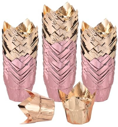 sourcing map 100 pirottini a tulipano per cupcake, muffin, in alluminio, pirottini per cupcake, muffin, per matrimoni, feste di compleanno, colore oro champagne/oro rosa