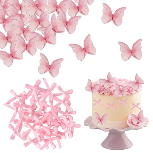 48 Pcs Pre-Cut Beautiful Gradient Purple Butterflies Edible Wafer Paper, 3D Edible Butterfly Cupcake Toppers, with 30 DIY Ribbon Bows Craft Supplies for Gift Wrapping, Card Decoration (Pink)