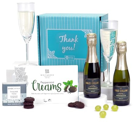 Thank You Prosecco Gift Box – 2x20cl Prosecco Mini Bottles, Thank You Chocolate & Luxury Creams – Gift Set for Her or Him