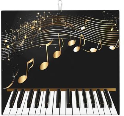 Gold Music Note Dish Drying Mat Absorbent Draining Board Pad for Kitchen Counter Piano Keyboard Coffee Mat Dishes Drainer Protector with Hanging Loop 16 x 18 Inch