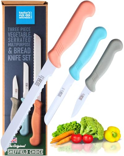 Taylors Eye Witness Sheffield Made Bread, Vegetable & Multipurpose Knife - Set of 3 Heavy Duty & Razor Sharp Kitchen Knives. Ultra Fine Precision Ground Stainless Steel Blades & Fibre Grip Handles