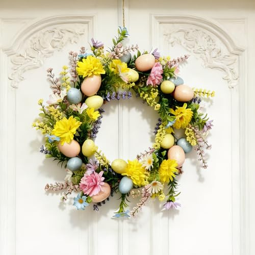 40cm Osterkranz für die Haustür, Künstliche Ostereier Ostertürkränze, frühlingskranz mit ostereiern, Bunte Eierkranz Für Die Heimdekoration, Frühlings Wohndekorationskranz,Ostertürdekoration