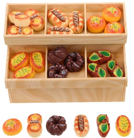 DOITOOL Miniatur Brotdisplay Vitrine aus Kunststoff und Harz Kompakter Puppenhaus Küchenschrank in Holzoptik mit 24 Kleiner Broten Wohnraum Dekoration und Sammlerstück