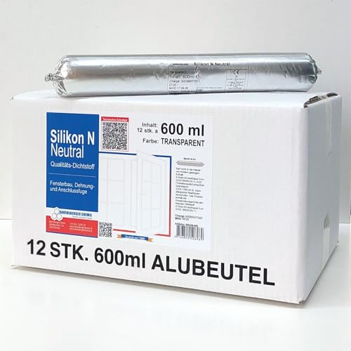 Ravensberger Chemie Silikon N Bausilikon transparent - Folienbeutel – neutralvernetzend für Fenster- & Bauanschlussfugen, Glasversiegelung & Dehnfugen – sehr gut verarbeitbar - 12x 600 ml
