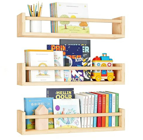 YuLiMirich Wandregal Kinderzimmer, 3er-Set Bücherregal Kinder Regal Wand Schweberegal für Wohnzimmer Schlafzimmer Arbeitszimmer Badezimmer Küche Gewürzregal Wand Wandregal Holz