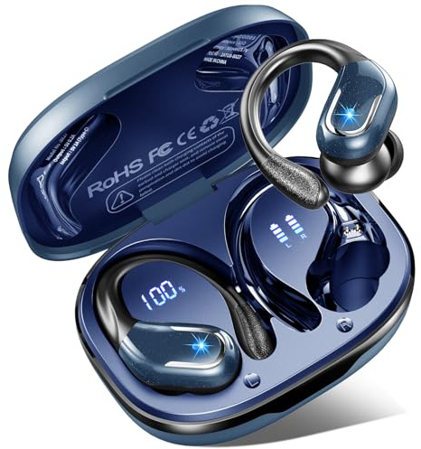 Wireless Earbuds Sport, 2026 Bluetooth 5.4 Headphones 75H HD Stereo Ear Buds, Running Earphones with Earhook, 4 ENC Noise-Cancelling Mic, USB-C, IP7 Waterproof, for iOS Android Gym Workout, Matte Blue
