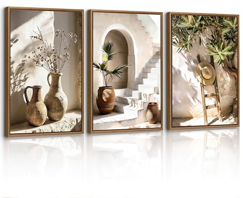 3Pcs Plantas Vintage Jarrón Modernos Cuadros Decoracion Con Marcos, Naturaleza Muрта Rústica Botánica Cuadro y Láminas Escalera Sombrero Paja Lienzos Decorativos Hogar Para Salon Dormitorios 30X40cmx3