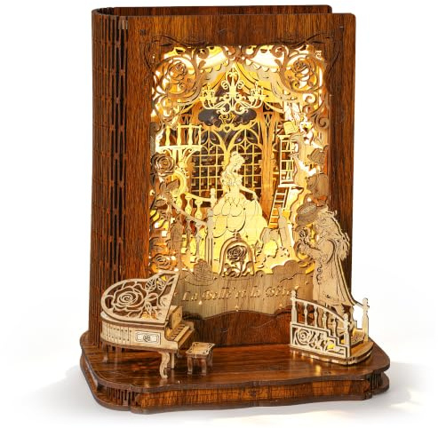 FUNPOLA Puzzle 3D en Bois La Belle et la Bête avec lumières LED – Lampe Livre de Contes Féeriques DIY, Kit de Construction Maquette en Bois 3D, décoration Maison, Cadeau Créatif pour Adultes