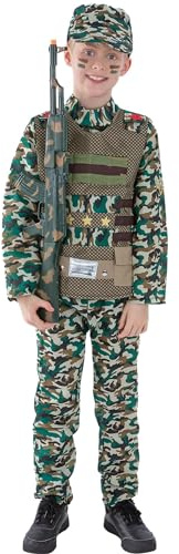 Smiffys Camouflage Military Boy Costume, Green with Top, Trousers & Hat, Boys Fancy Dress, Army Dress Up Costumes