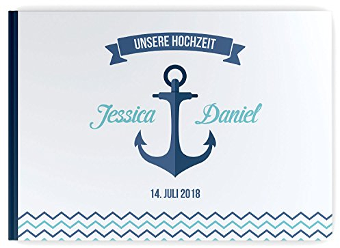 DeinWeddingshop Gästebuch Hochzeit – Personalisiert – Blanko – Maritim Anker – Hochzeitsalbum Hochzeitsbuch Hochzeitsgästebuch (blau/türkis)
