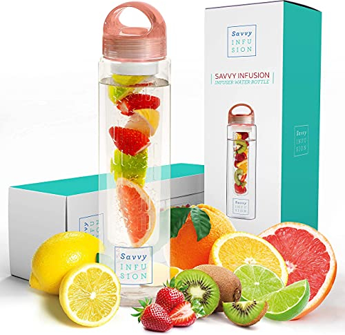 Savvy Infusion Trinkflaschen - Fruit Infuser Flasche - mit einzigartigem Leak Proof Silikon versiegelte Kappe mit Handgriff - große Geschenke für Frauen 32 Unzen Rose Gold