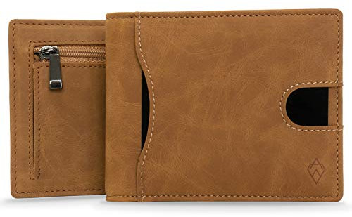 AKIELO Portefeuille RFID Blocage avec Compartiment à Fermeture Éclair pour Pièces et Coffret Cadeau – Porte Cartes Élégant avec Languette – Porte Monnaie Homme (Delta - Fermeture Éclair Brun Clair)