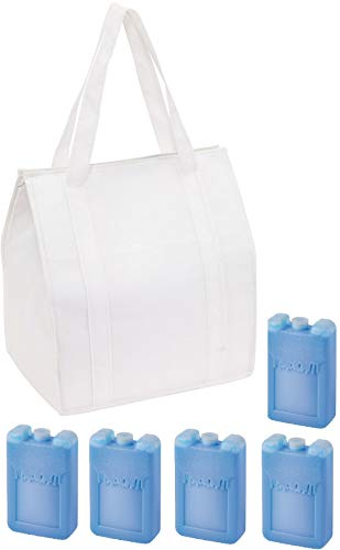 Preiswert&Gut 1 x Kühltasche 35x25x38 Einkaufstasche Reißverschluss mit 5 x Kühlakkus Weiß