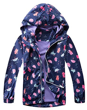 YoungSoul Coupe Vent Imperméable Fille - Manteaux Mi Saison Enfant Imprimé - Blouson Capuche Pluie Marine 7-8 ans/Taille 130