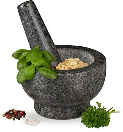 Relaxdays 10029950 Mortero Granito, Maja, Robusto y Duradero, Especias, Hierbas, Triturador Piedra, Diámetro 13 cm, 250 ml, Gris