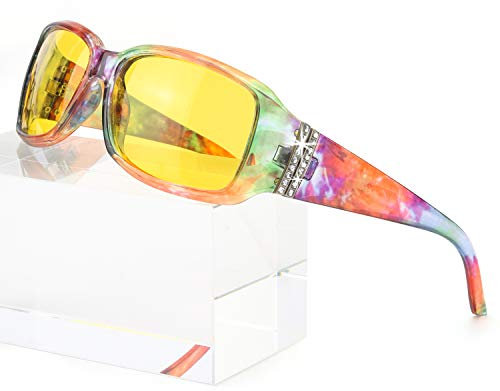 Enafad Women’s Night-Vision Glasses for Night-Driving Anti Glare Polarized HD-Vision Yellow Lens(RainbowFloral Frame/Yellow Night-Vision Lens)