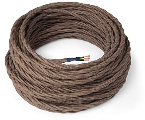 Amarcords - Cable de tela color MARRÓN, trenzado, algodón, 50 metros, con tierra 3x0,75 - Hilo eléctrico textil de color estilo clásico para lámparas bricolaje y iluminación vintage.