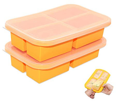 Lot de 2 plateaux de congélation - En silicone - Avec couvercle - 300 ml par compartiment - Sans BPA - Idéal pour la conservation des soupes, aliments de bébé, glaçons