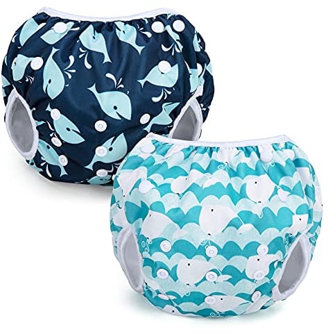 Teamoy Wiederverwendbare Schwimmwindeln(Packung mit 2), Badeanzug Windeln Waschbare Windeln für Babys & Mädchen, Wal+Süßer Wal