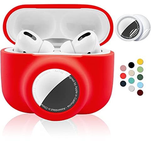 2 in 1 Protective Case for Apple AirPods Pro Air Tag Holder Combo, Soft Silicone Airpods Pro AirTag Case with 2 PCS Screen Protector, Anti-Scratch Anti-Fall Anti-Lost (Red)