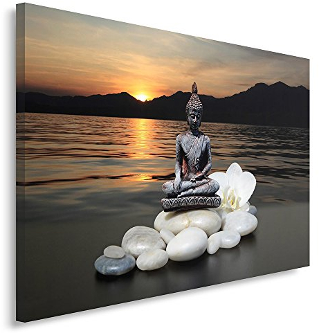 Feeby Vlies Leinwandbild Buddha-Statue Meditation 40x30 cm Druckbild Wandbild Wanddekoration Deko Wand Aesthetic Orchidee See Zen-Steine Sonnenuntergang Orange
