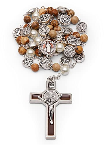 Mondo Cattolico Rosenkranz-Perlen, rund emaillierter St. Benedikt Mittelstück und Kruzifix – Rosarios Catolicos Rosenkranz-Perlen-Halskette aus Paesina-Stein., Silber, Perle