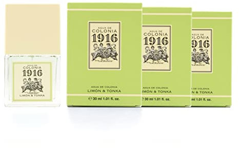 1916 - Limón & Tonka Pack de 3 x 30 ml, Agua de Colonia Hombre y Mujer, Formato Viaje en Spray, Perfume Unisex, Eau de Toilette Masculina y Femenina, Fragancia Fresca y Cítrica, Larga Duración