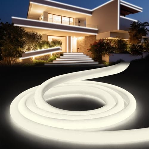 YOODI Neon LED Strip Kaltweiß 20m, Led Lichtband für Außenbereich IP65 Wasserdicht, Schneidbare Rundes Rohr Flexibel Outdoor LED Streifen 230V für Haus, Zimmer, Garten, Party, Inklusive Netzteil