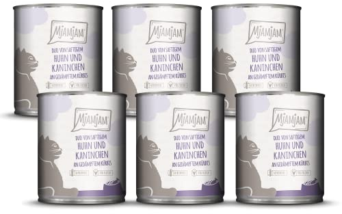 MjAMjAM - Premium Nassfutter für Katzen - DUO von saftigem Hühnchen & Kaninchen an gedämpftem Kürbis, 6er Pack (6 x 800 g), getreidefrei mit extra viel Fleisch