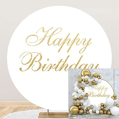 OERJU BJB123 runder Hintergrund mit Aufschrift Happy Birthday, Weiß und Gold, Party-Fotografie-Hintergrund, für Erwachsene, Kinder, Dekoration, Kreis, Kuchen, Tischbanner, Foto-Requisiten, 2,2 x 2,2