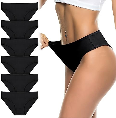 flintronic Women's Underwear, 6 Pcs Cotton Breathable Knickers Multipack, Stretchy Mid-Low Rise Hipster Panties, Soft Comfortable Ladies Basic Briefs for Daily Wear (Black L)