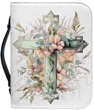 Vodetik Leder-Bibeltasche mit Kreuz-Blumen-Bibelhüllen für Damen und Herren, kleine Größe mit Reißverschluss, Trage-Bibeltasche
