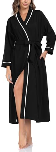 COLORFULLEAF 100% Baumwolle Bademantel Damen Leicht Lange Sauna Morgenmantel Langarm Weiche Kimono mit Taschen Frauen Nachtwäsche(Navy Blau,XL)