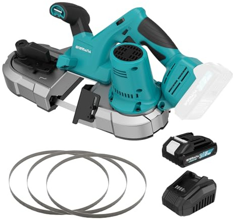 ONEMANA Sega a nastro senza fili, sega a nastro portatile senza spazzole da 20 V, sega a nastro in metallo da 6,3 cm, sega a nastro a 6 velocità per tagliare metallo, lavorazione del legno, tubi