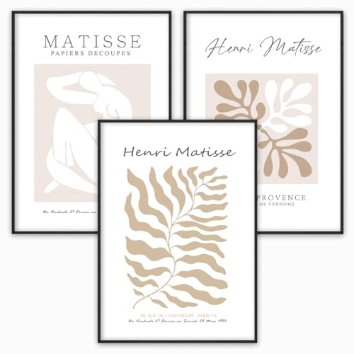 WBdesignz Matisse Poster Set 3er – Beige Boho Wandbilder im abstrakten Stil, Kunstdrucke im Set ohne Rahmen – Moderne Deko für Wohnzimmer, Schlafzimmer, Büro (DIN A3 - ohne Rahmen)