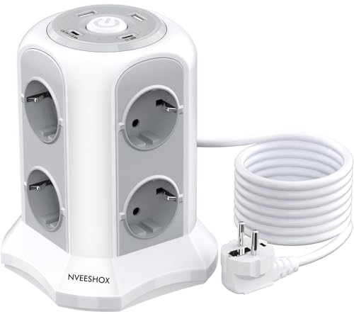 NVEESHOX Multiprises Prises (16A/4000W),8 Prises et 2 USB-A+2 USB-C, avec Parafoudre Multiprise Verticale Multiprise Electrique et 2M Câble la Maison et au Bureau (Blanc)