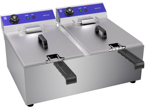 TAIMIKO Friteuse Électrique Commerciale en acier inoxydable 2 réservoir Professionnelle 3000W*2 220V-240V Thermostat 60-200 °C
