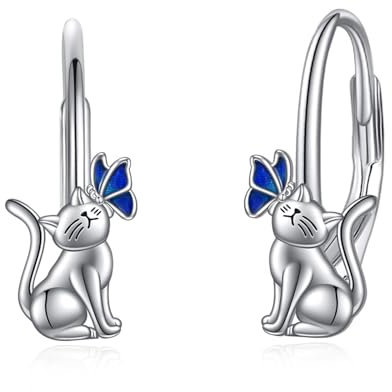 Katzen Ohrringe für Damen 925 Sterling Silber Schmetterling Leverback Ohrringe Katze Creolen Schmuck Geschenk für Mädchen (Katzen Ohrringe)