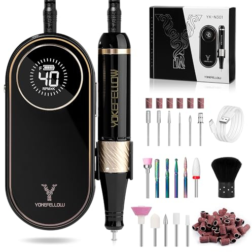 Yokefellow Nail Drill Machine 40000 RPM, Rechargeable Professional Nail File with Dust Brush and 17 Nail Bits, for Acrylic/Dip Powder Manicure, UK