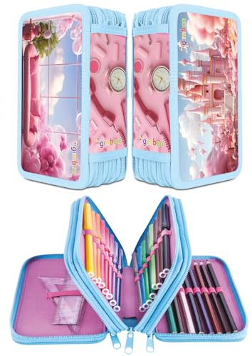 gimboo Schulmäppchen mit Zubehör/Federmäppchen mit großem Fassungsvermögen/Mit 3 Fächer/Federtasche Federmäppchen Stifteetui/Motiv - SÜßES ROSA Motiv/Für Kinder Jungen Mädchen