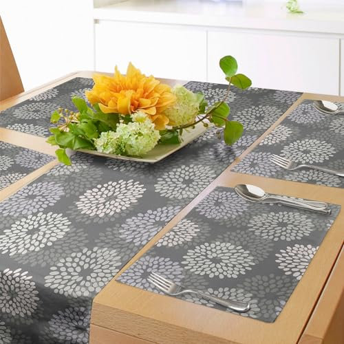 ABAKUHAUS Blumen Tischläufer & 4 Stück Tischsets, Abstrakte Illustration von Dahlia Flowers Multi Layered Petal Prints, Tischdeko-Set, 180 x 40 cm, Kokosnuss Grau