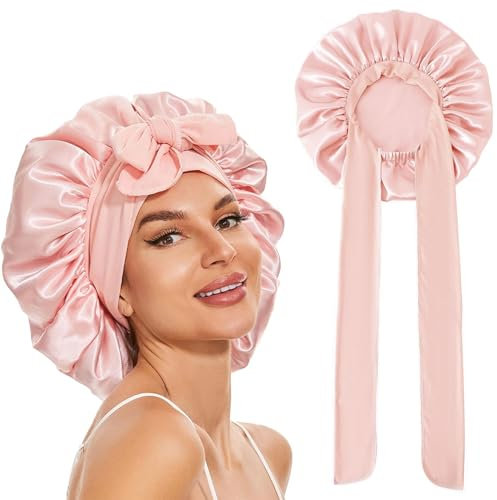 GUGUGO Seidenhaube zum Schlafen, Silk Bonnet, Verstellbare Seidenhaube, Schlafhaube Seide, Schlafmütze Damen, Satin Haube Schlafen, Silk Sleeping Cap, Seidenhaube zum Schlafen Locken, Sakura Rosa