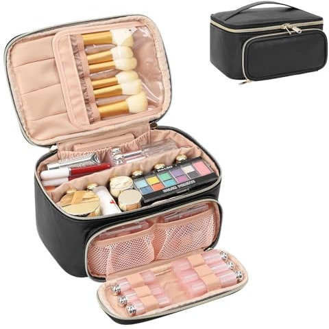 Travel Makeup Bag, Portable Cosmetic Bag with Makeup Brush Organiser Large Capacity Make up Case Water-Resistant Toiletry Bag for Women Travel Essentials, Large