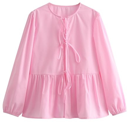FEATEFACE Damen-Puff-Shirt, langärmelig, Schößchen, niedliches Babydoll-Bluse, vorne zum Binden, 2024, Herbstmode, Schleife, Rundhalsausschnitt, Blusen, rose, S