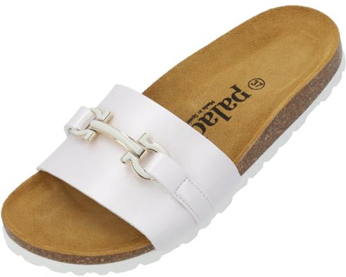 Palado Pantolette Damen Laudra - bequeme Sandalen Made in Spain - Hausschuhe mit dämpfendem Kork-Fußbett - modische Sommerschuhe Weiß Metallic UK7 - EU40