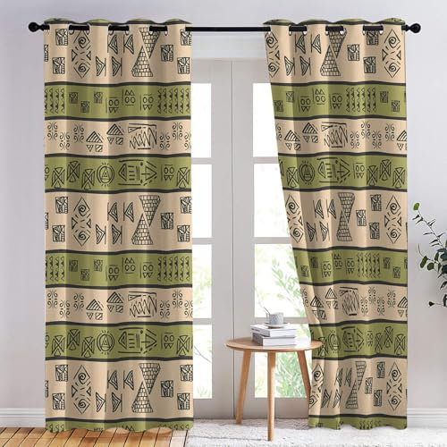 Vorhänge Afrikanische Tribal, Verdunkelungsvorhang 2er Set - Vorhang Blickdicht Vintage Ethno Muster, Thermovorhang für Deko Wohnzimmer Schlafzimmer, Gardinen mit Ösen 175x140 cm (HxB) (Kl-&309)