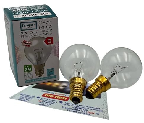 LevoLutz E14 Oven Bulb 40w Bundle with Crompton Small Screw, 300 Degrees Heat Resistant for Bosch/Philips/Neff, Pack of 2 Colour Temperature Info Card.