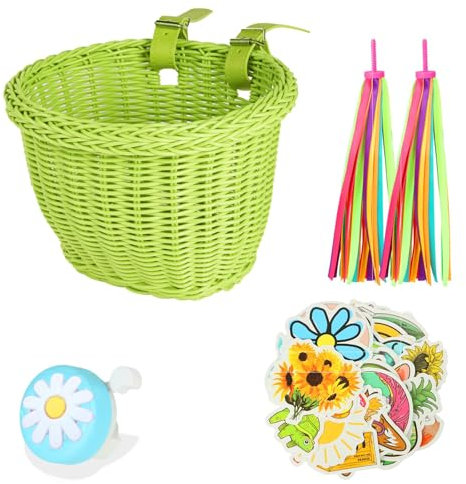 SVNR Kids Bike Basket, Wicker Girl Bike Basket Green, Bike Handle Bowknot Streamers，stickers and Bell, Children Cycling Basket with Spare Leather Straps, Easy Install Detachable