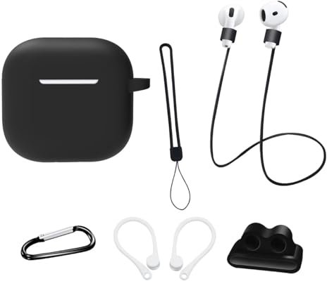 Funda Protectora de Silicona para Airpods 4 Gen (2024): AIYAAIYA Juego de Accesorios 8 en 1 para Airpod con Soporte para Apple Watch/Llavero/Cuerda Antipérdida/Ganchos para la Oreja (Negro)
